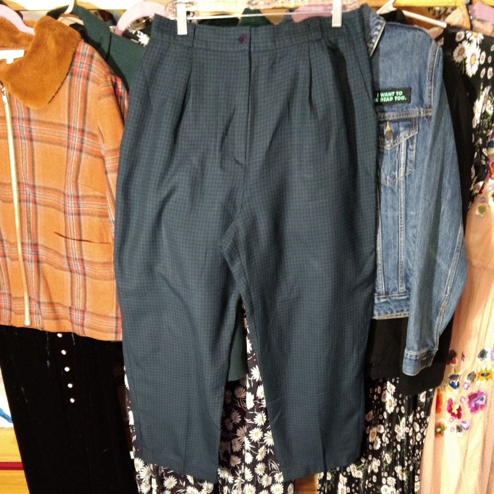 Van Heusen Blue & Green Hi Rise Checkered Pants 14